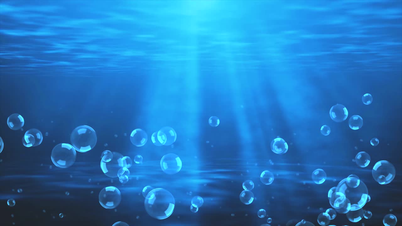 Sun light beams shining with air bubbles rising up to the surface 4k 3d green screen loop animation