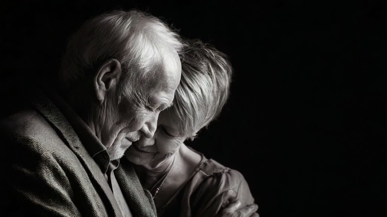 An emotional moment captured as an elderly couple share a tender embrace, displaying love, connection, and intimacy against a dark backdrop that accentuates their bond