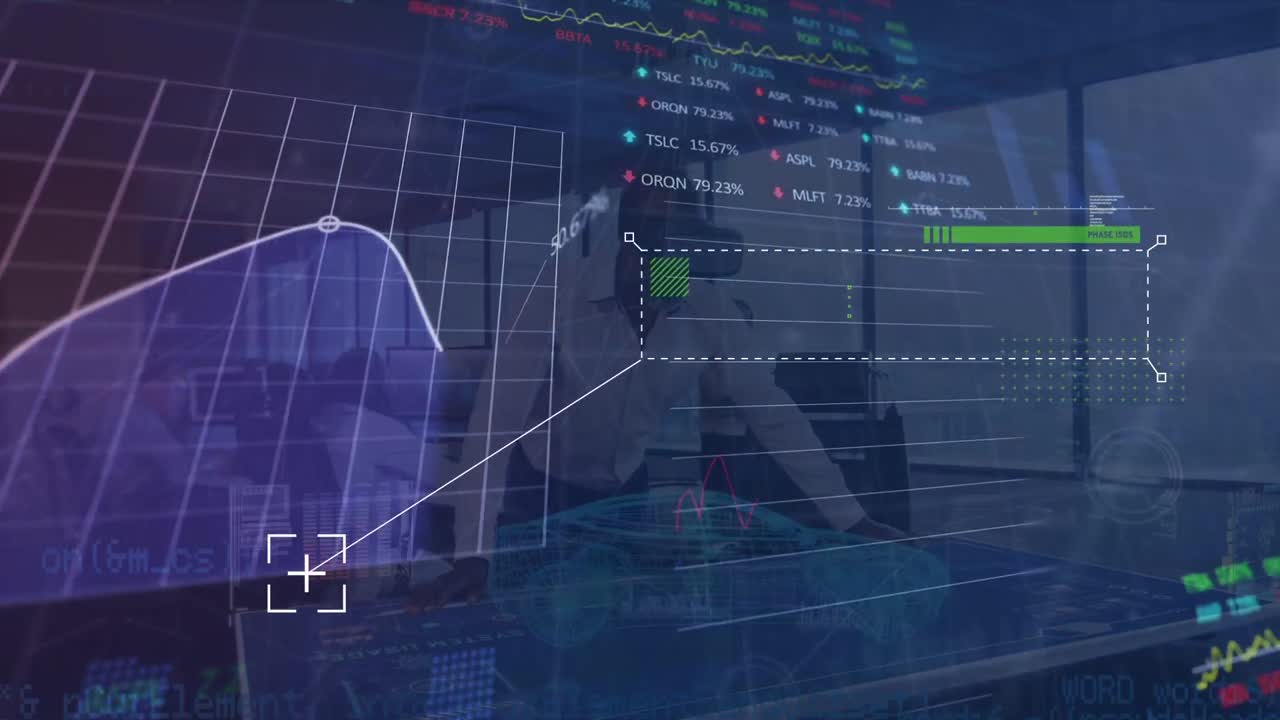 animazione dell'elaborazione dei dati su un uomo d'affari caucasico che usa le cuffie vr