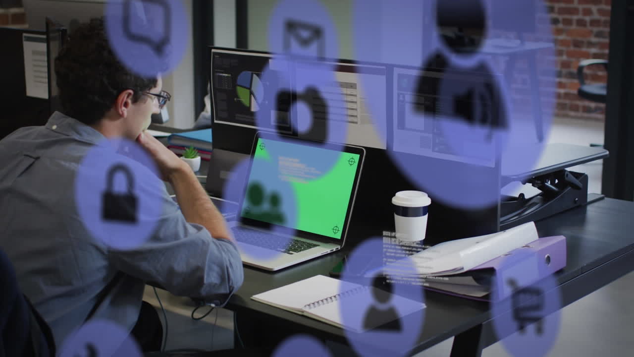 animación de la red de conexiones con iconos sobre el hombre de negocios en la oficina