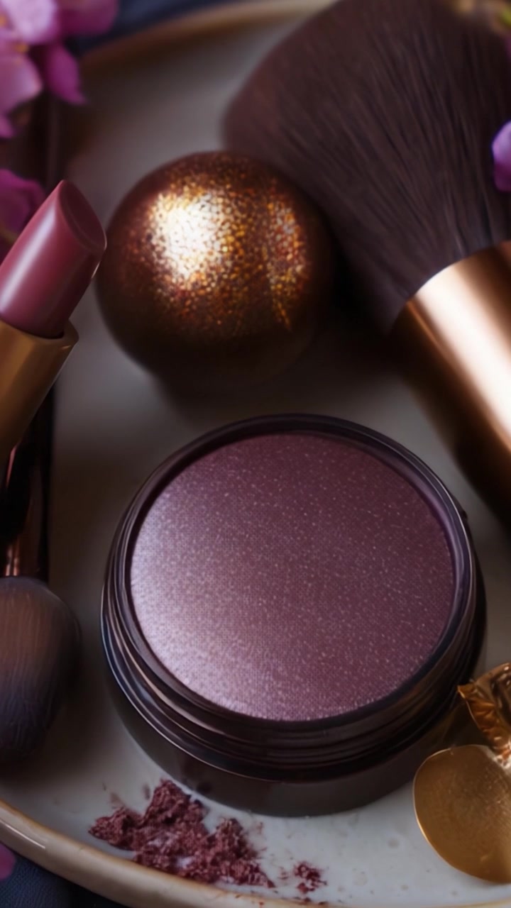 Luxurious Beauty and Makeup Items Arranged Aesthetically on a Plate Surrounded by Flowers and Brushes, Showcasing Elegant Cosmetic Products
