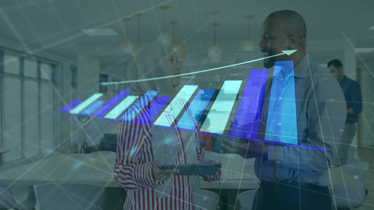 Animation of statistics and data processing over diverse businesspeople in office