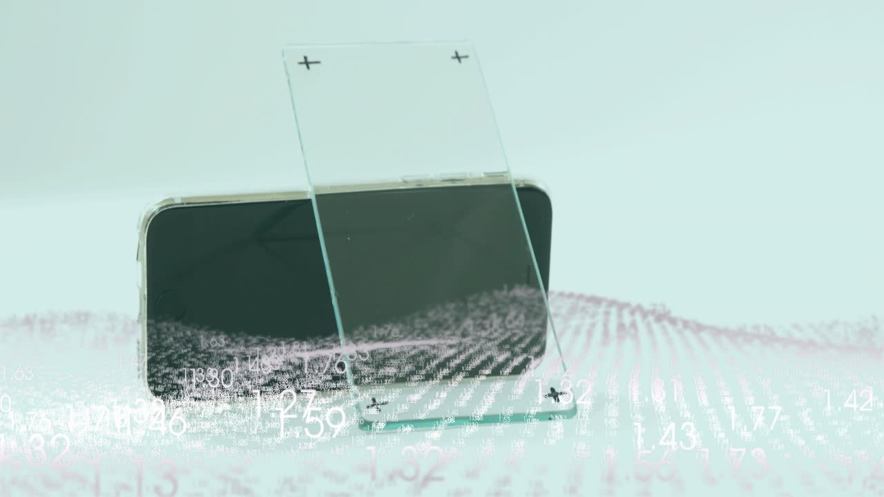 Data streams appearing and forming pulsing wave under phone glass panel showing real-time analysis