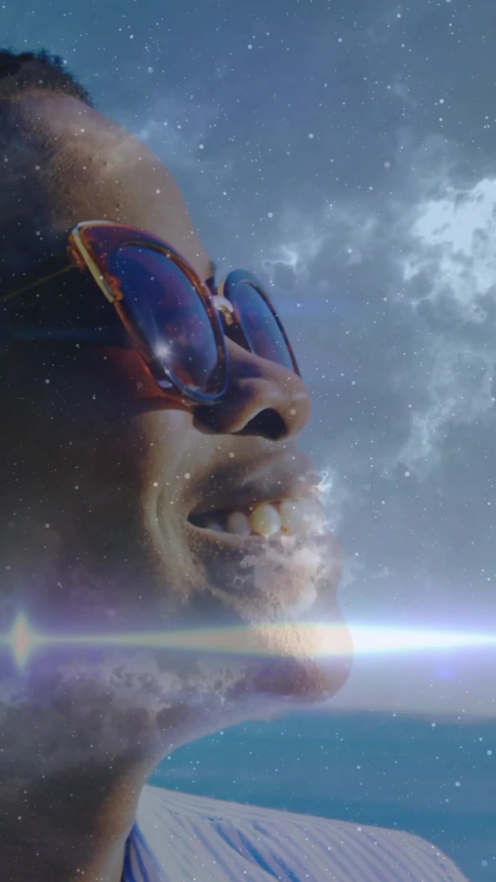 Vertical video: Lady smiling tilting to cam as frames sparking space veil shades showing stars ads