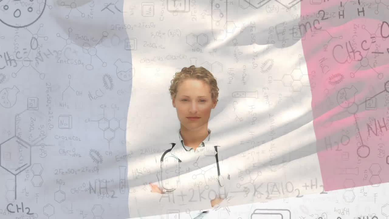 프랑스 국기가 과학 방정식과 여성 의사 위에 날아다니는 애니메이션