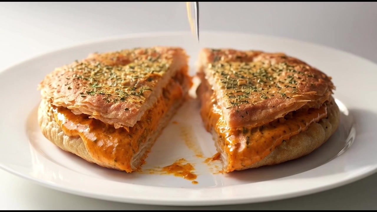 Coltello che taglia una sfoglia salata con ripieno cremoso