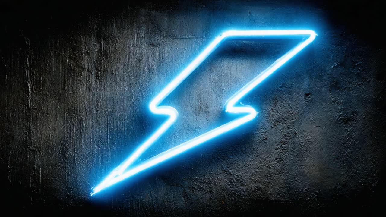 Illuminated Neon Lightning Symbol Against a Textured Wall, Capturing the Essence of Electric Energy and Vibrant Aesthetic in a Darkened Environment