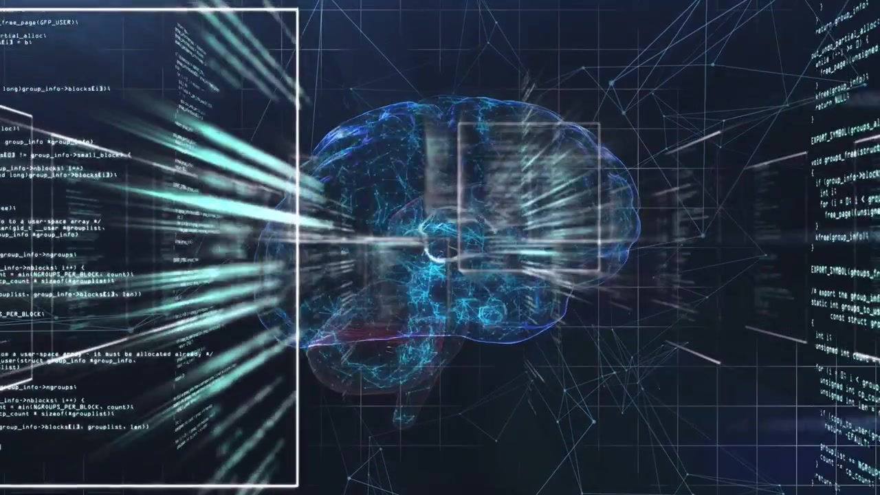 Data streams initiating scan, white scan frames shifting and probing 3D brain for analysis