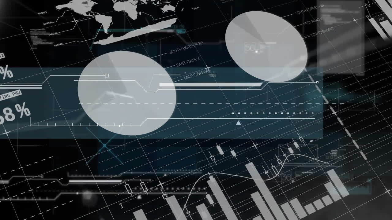 animación del procesamiento de datos y diagramas sobre fondo negro