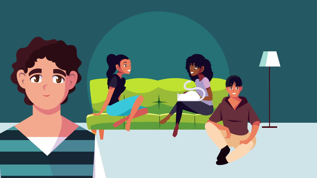 거실 장면의 사람들은 집에 머물 캠페인 애니메이션