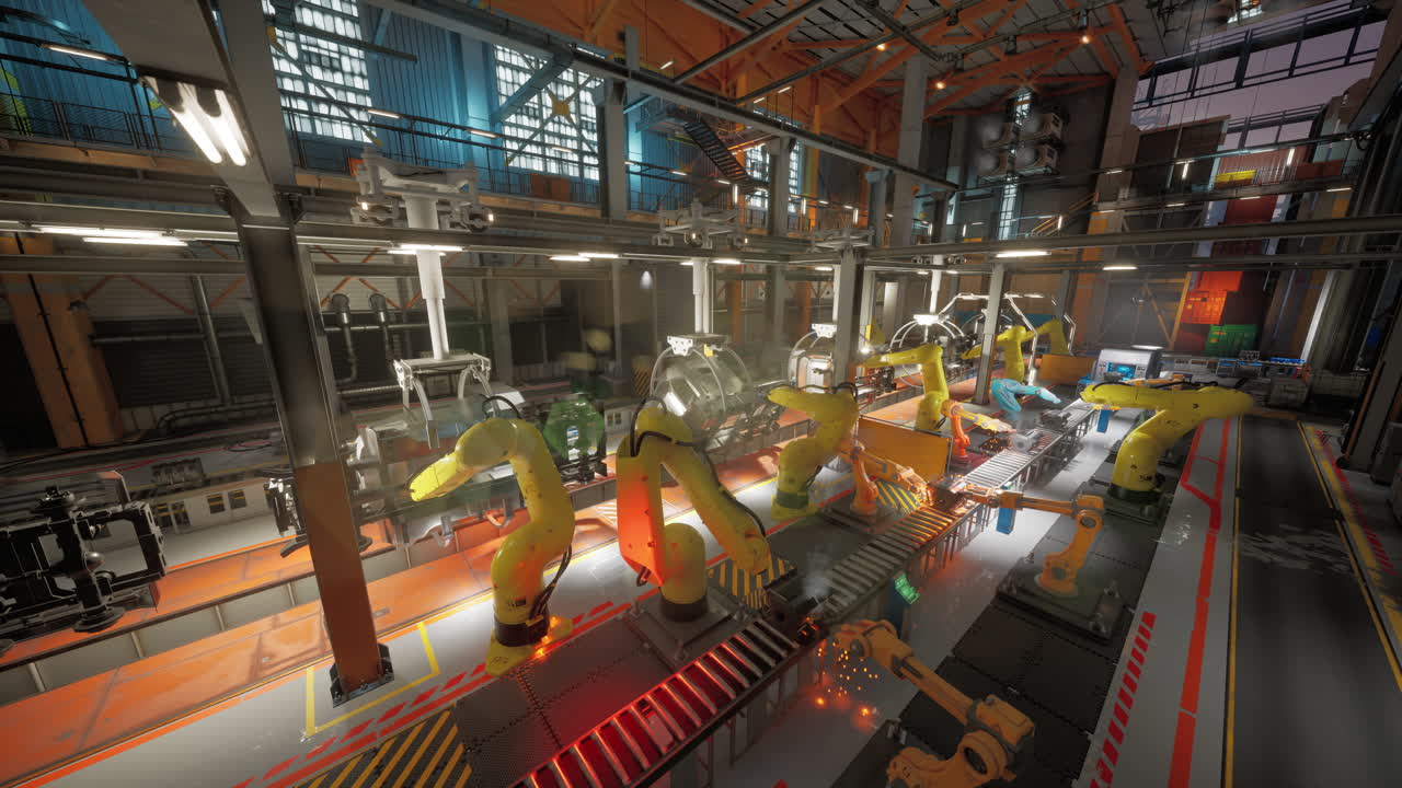 로 팔 을 사용 한 현대 공장 에서 컨베이어 벨트 가 작동 하는 것