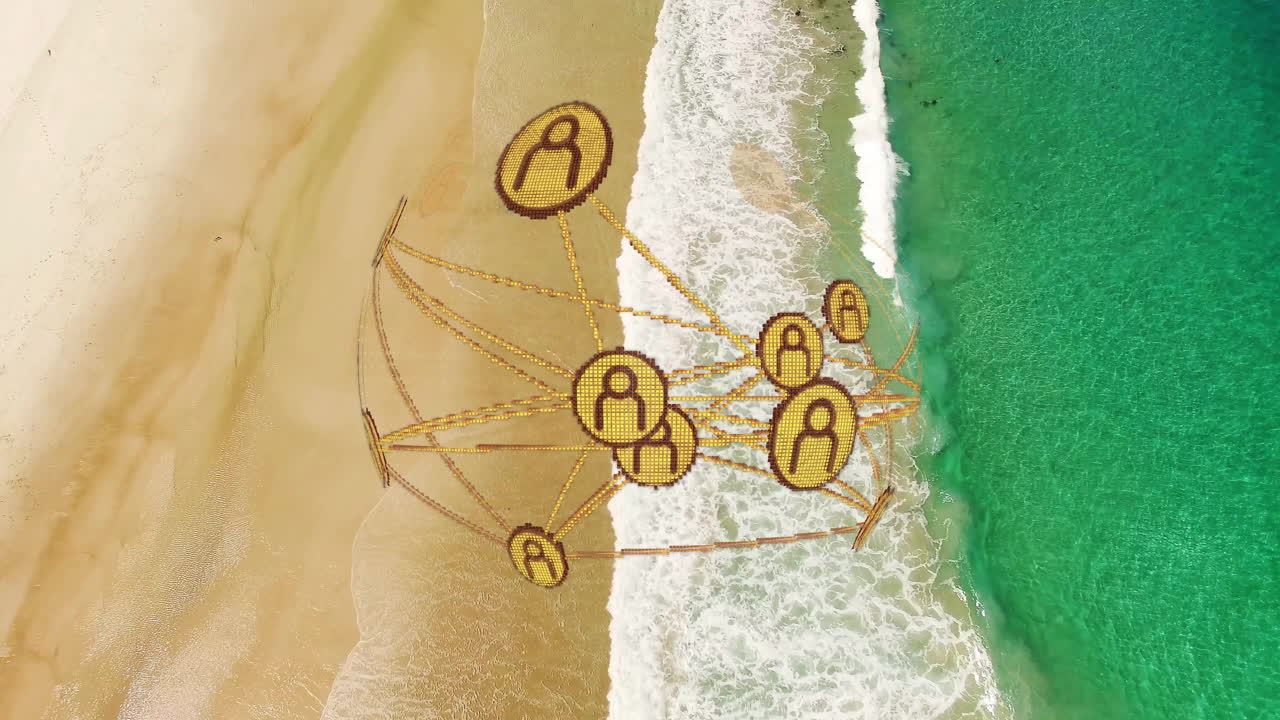 ビーチと海の波に重ねられた、接続ネットワークとデータ処理のアニメーション