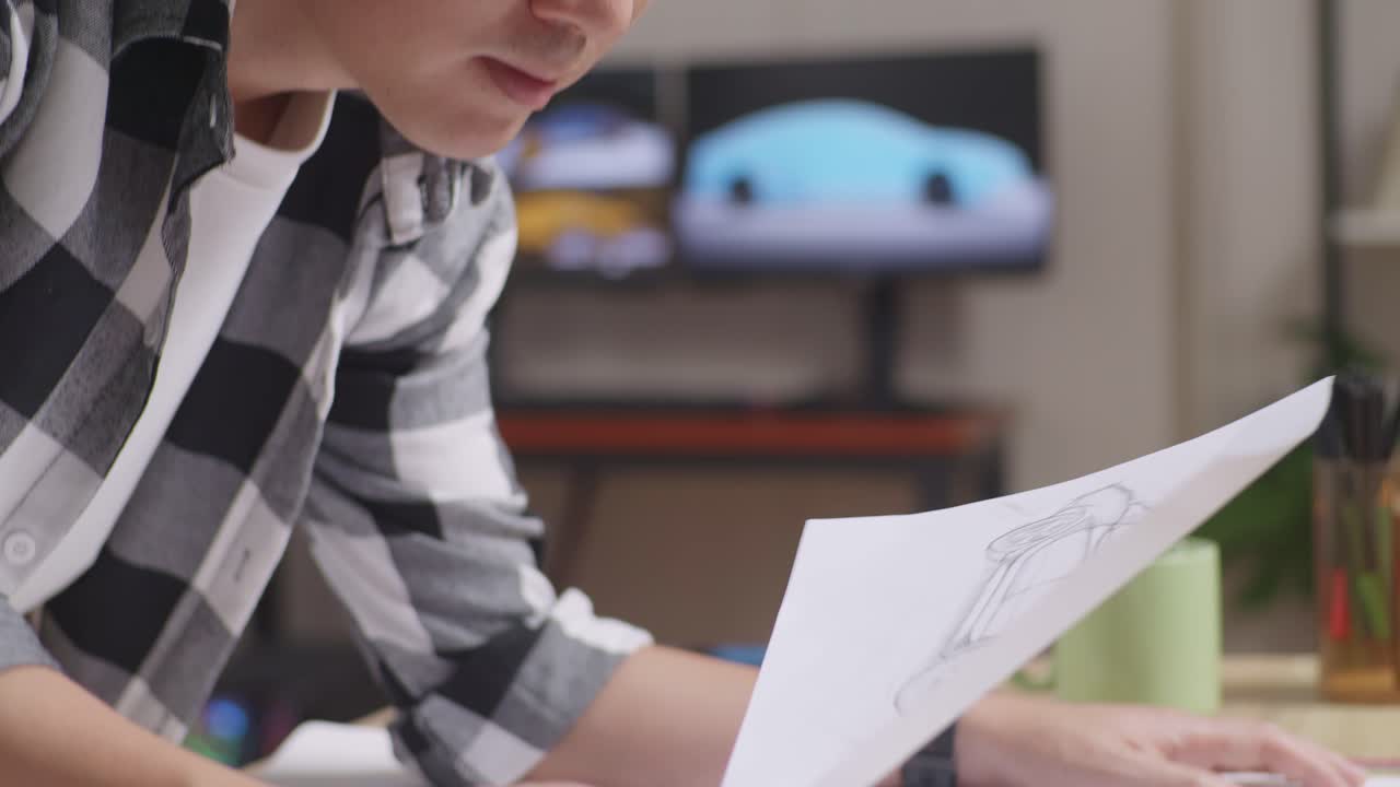 만족스러운 아시아 남성의 클로즈업은 자동차 디자인 스케치를 들고 스튜디오에서 테이블에서 일하는 동안 머리를 흔들고 있습니다.