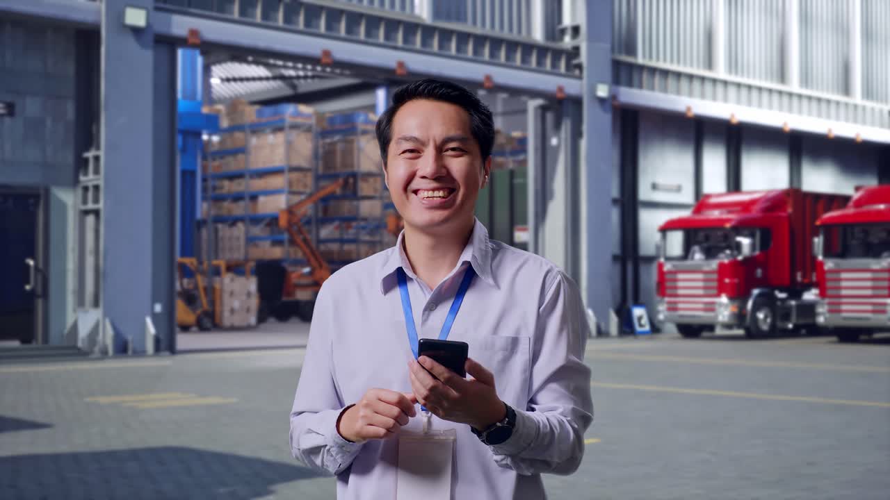 Asian Male Professional Worker Standing With His Smartphone, Outside of Logistics Distributions Warehouse, He Is Looking At The Camera With A Smile