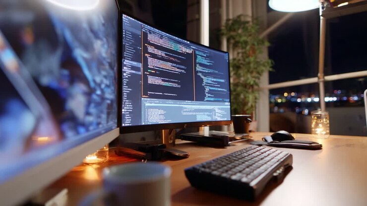 Modern Workspace with Dual Monitors Displaying Code and Night City View, Perfect for Programmers and Developers Seeking Inspiration and Productivity