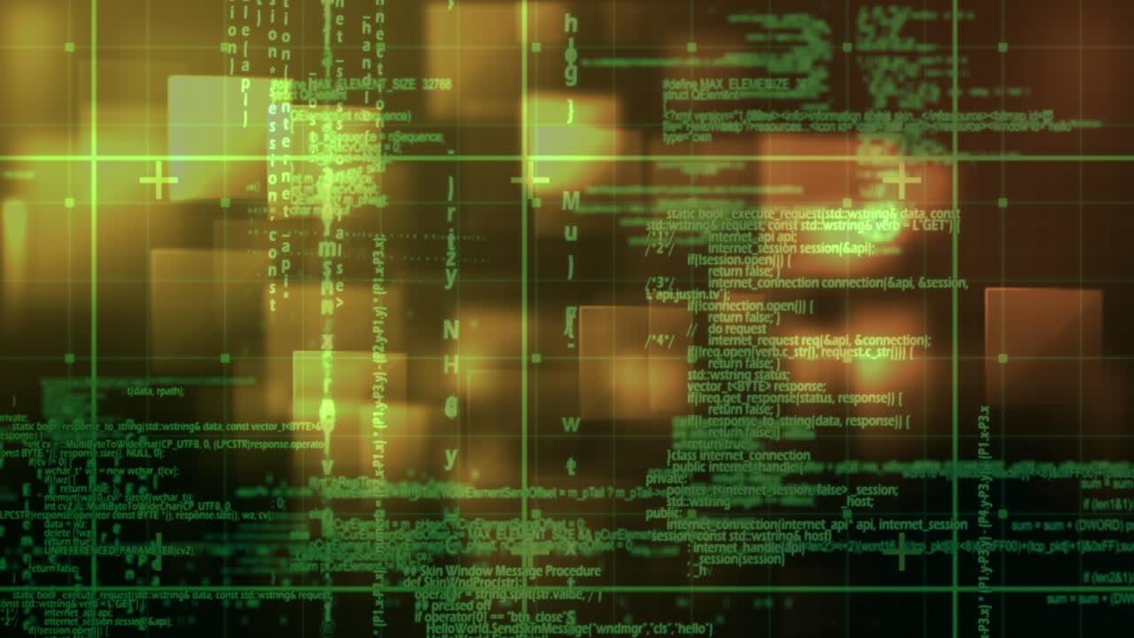 Animation of squares and data processing on black background