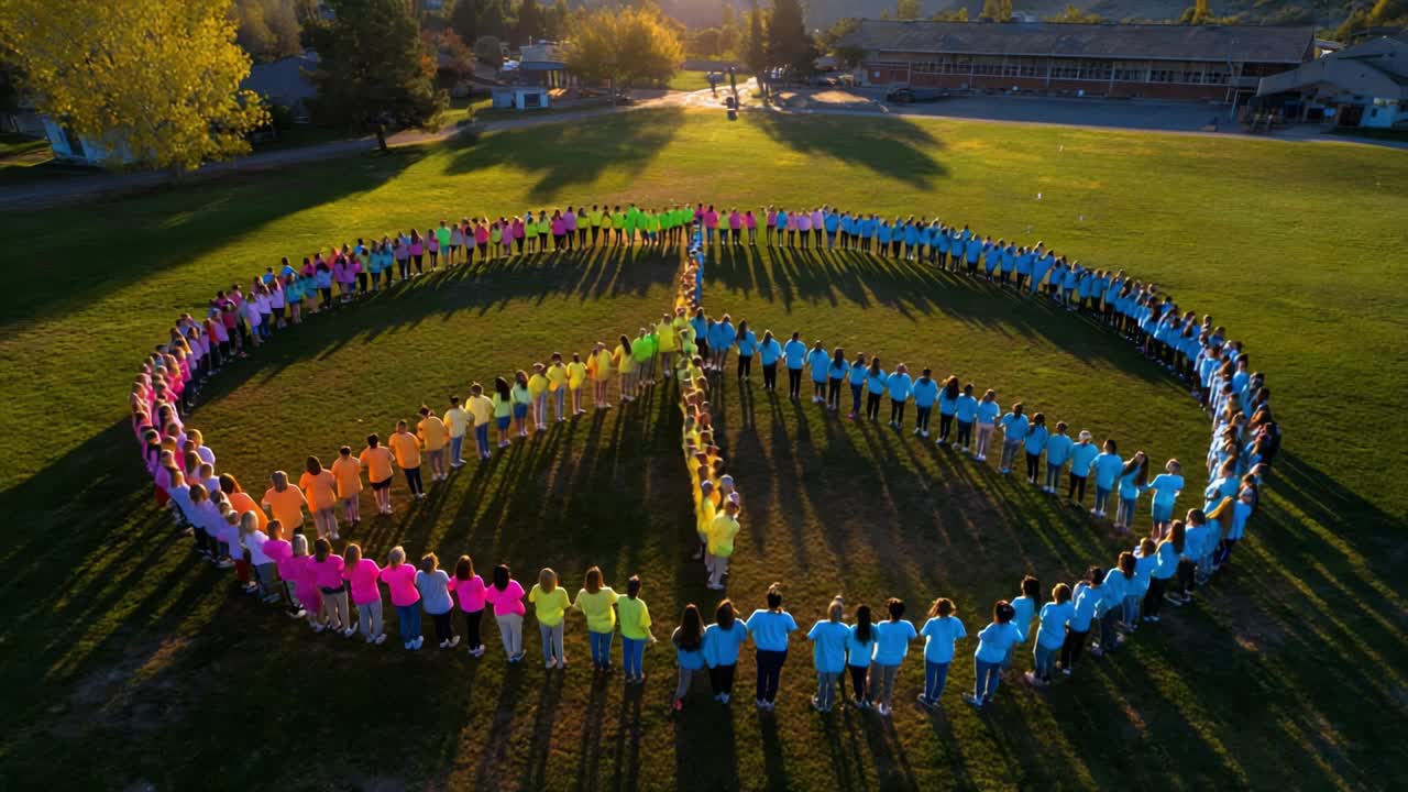 Large Group Forming Peace Symbol on Field