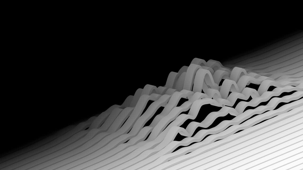 rayas blancas ondulantes que forman una superficie topográfica minimalista sobre un fondo negro. bucle de animación cg abstracto. renderización en 3d.