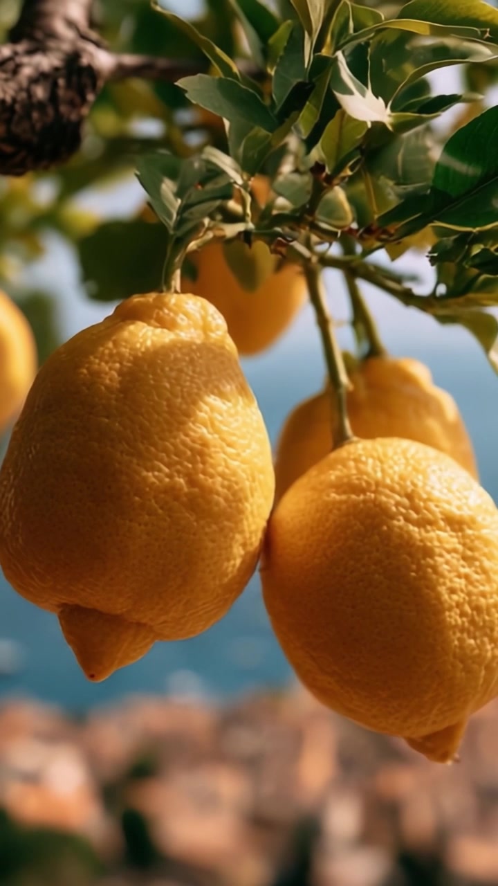 Limoni vivaci appesi a un albero con uno sfondo panoramico, che mostrano la freschezza e l'abbondanza della natura in una splendida cornice.
