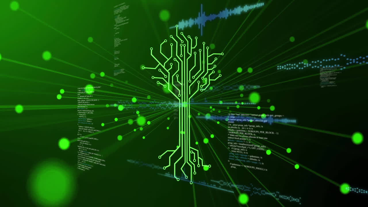 Tree-shaped circuit board with glowing green nodes, data processing animation