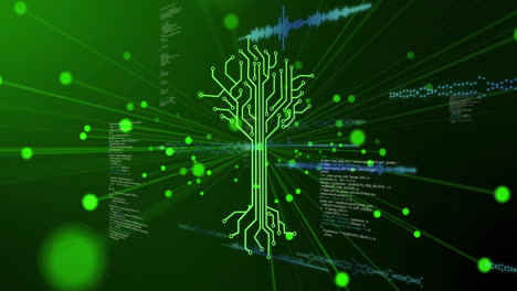 tree-shaped circuit board with glowing green nodes, data processing animation