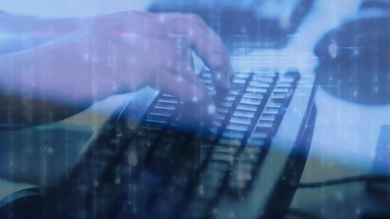 컴퓨터 키보드에서 타이핑하는 사람을 통해 디지털 연결 네트워크의 애니메이션