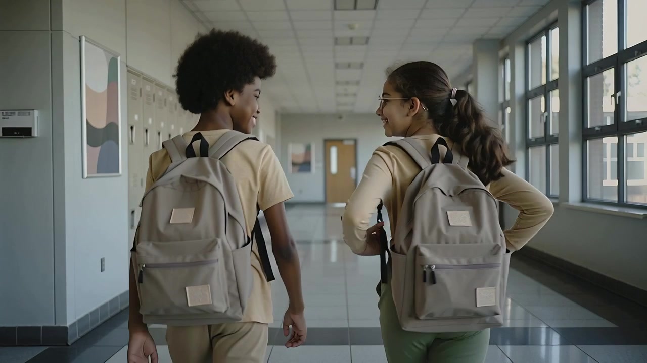 Walking two students chatting and adjusting backpack straps down school corridor toward doorway