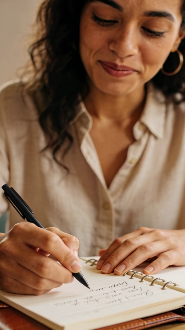 Vertical video: Placing black pen, woman in shirt writing in spiral pad on folio at table noting