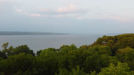 Beautiful-Quebec-Scenery-by-the-Saint-Lawrence-River---Aerial-with-Copy-Space-in-Sky