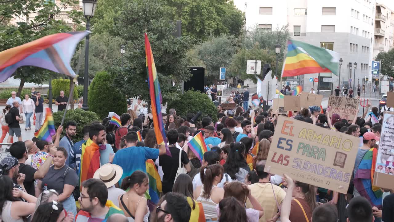 GRANADA, SPAIN - JUNE 28, 2022: Many people at the pride manifestation, LGBT+ community
