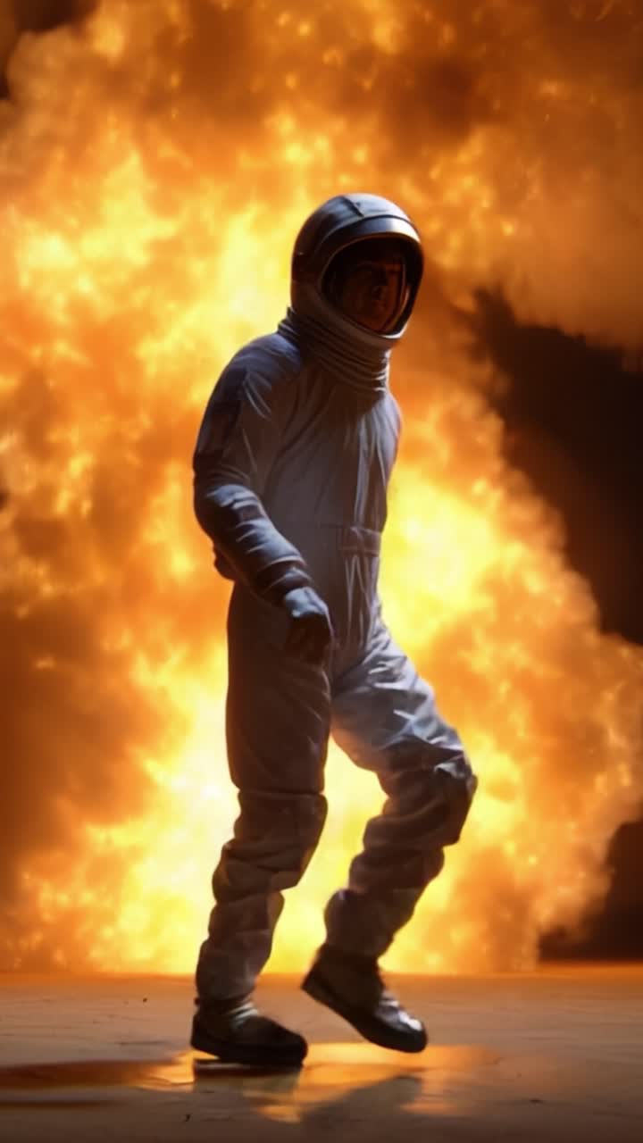 Un astronauta solitario avanza attraverso uno sfondo intenso di fiamme e fumo, incarnando coraggio ed esplorazione in un ambiente surreale e infuocato di avventura