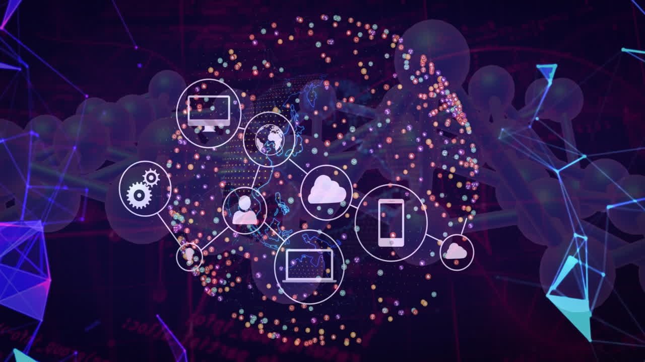 Digital icons network with colorful dots forming animation over abstract background