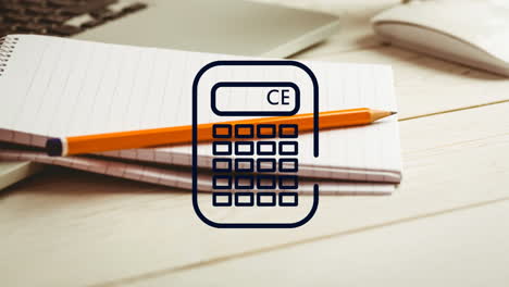 animation of calculator icon against close up of notepad, pencil, mouse and laptop on wooden table