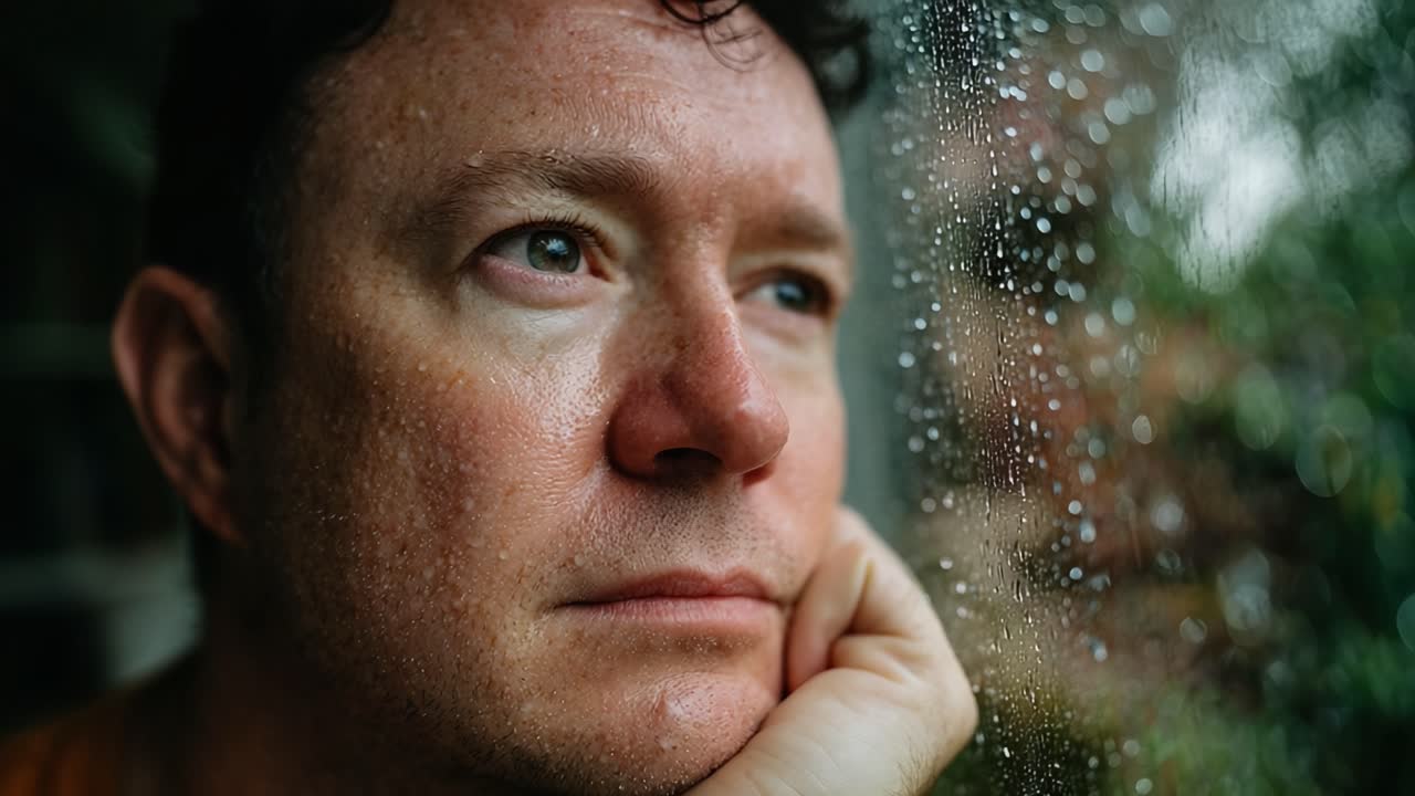 Contemplation in Rain: A Close-Up of a Pensive Individual Gazing Outside a Window with Raindrops, Capturing Deep Emotions and Reflective Moments in a Thoughtful Scene