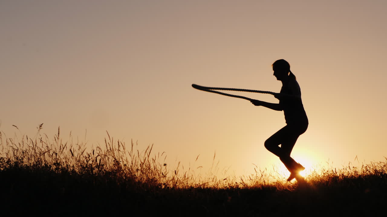 Silhouette Of A Woman - Jumping Through The Rope At Sunset