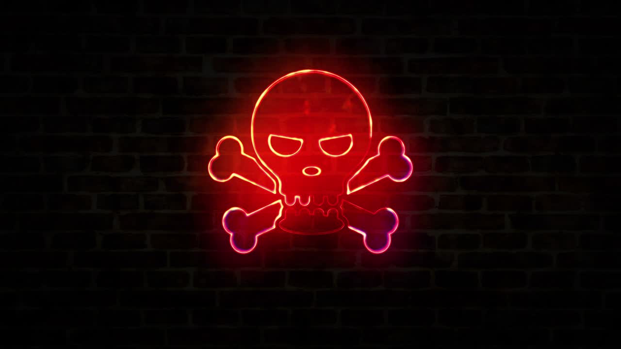 piratería y símbolo de cráneo de neón en la pared de ladrillo