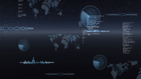 animation of data processing, world maps and statistics recording over universe