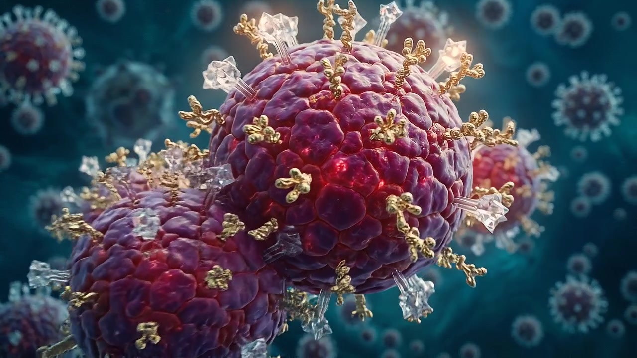 Microscopic View of Coronavirus Cells Floating in Fluid