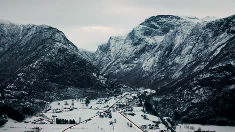 Aerial-over-the-wintry-landscape-near-Voss,-Norway