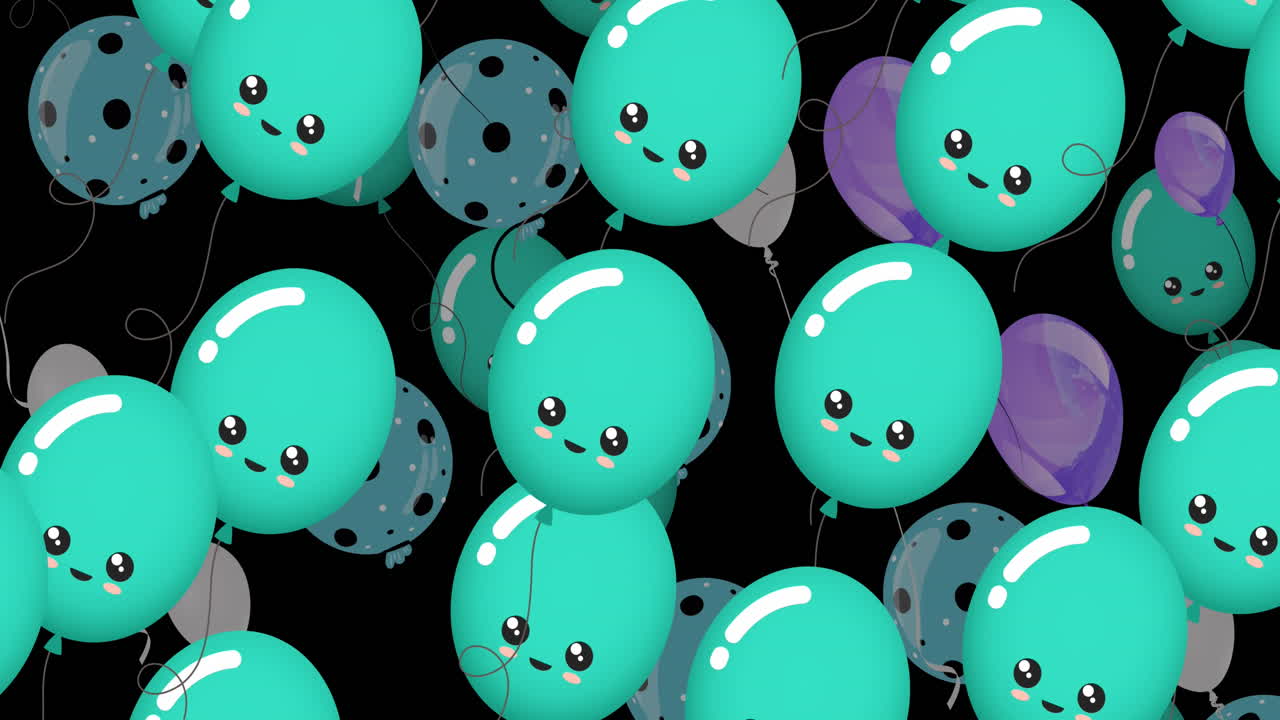 Animation of multiple blue and purple balloons on black background
