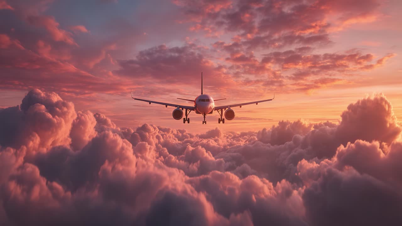 Uma aeronave majestosa desliza por um céu dos sonhos, cercada por nuvens macias e banhada pelo brilho quente de um pôr do sol deslumbrante, capturando a essência da viagem aérea