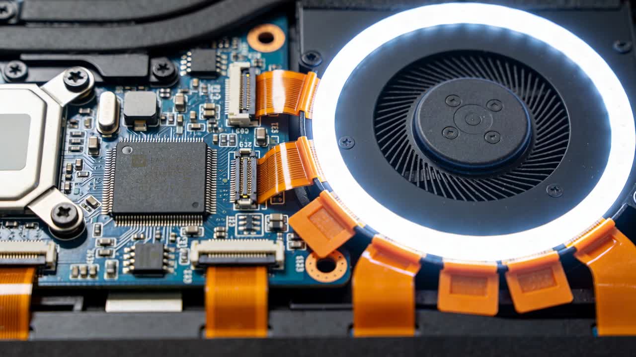 Kameraet flytter en LED-ringet køleblæser og et printkort ind i midten til kontrol og viser orange FFC'er.