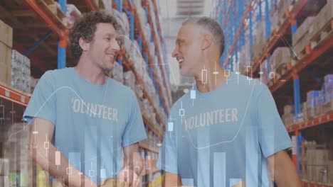 procesamiento de datos estadísticos sobre dos voluntarios varones caucásicos que se dan cinco en el almacén