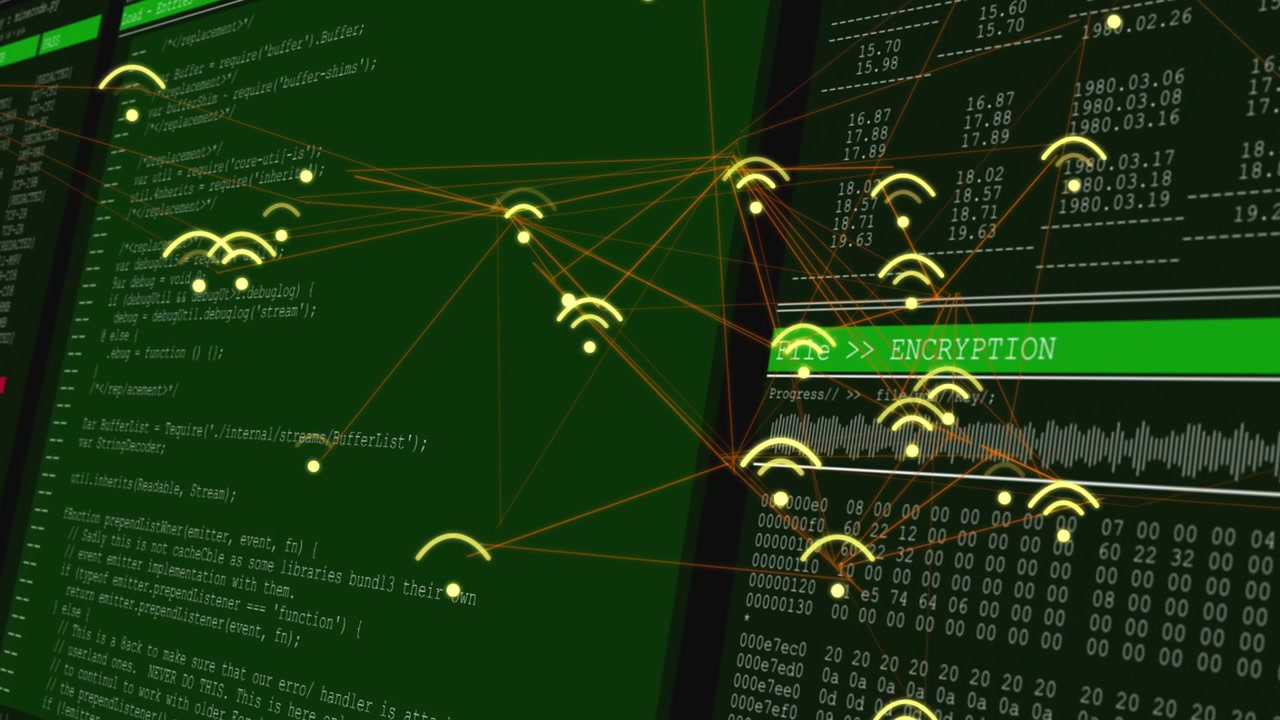 Network nodes pulsing and clustering during technology opening, forming mesh around encryption UI