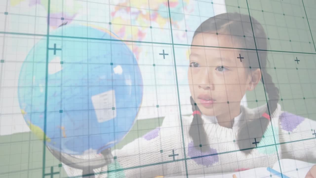 女子生徒が地球儀の軸に触れて回し、学習のために選んだ地域で止める