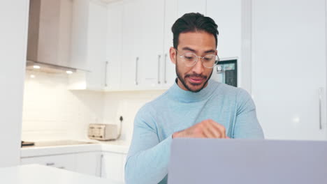 tired, burnout and laptop businessman on kitchen