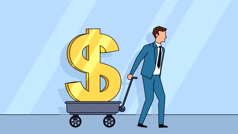 flat cartoon businessman character  pulls cart with dollar sign money concept animation with alpha matte