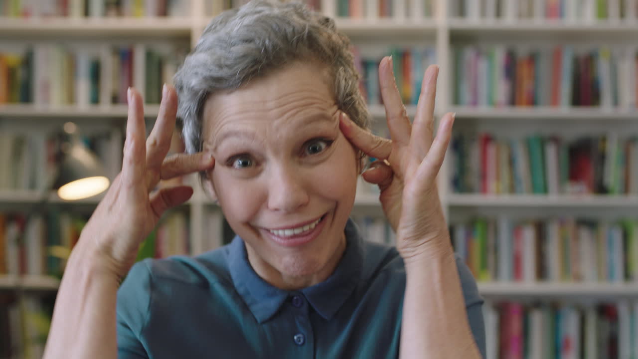 retrato de una mujer caucásica madura y animada bibliotecaria haciendo caras riendo alegremente disfrutando de una loca diversión espontánea en el fondo de la estantería de la biblioteca