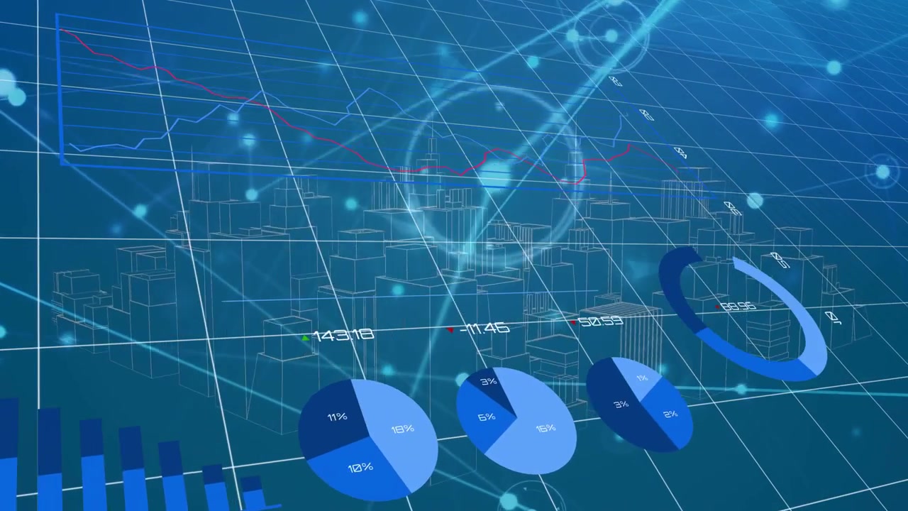 Kamerapanorering starter 3D-analyses scene, søjler stiger, cirkeldiagrammer roterer, noder pulserer for at vise analyse
