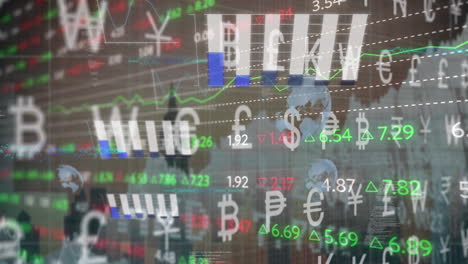 animation of currency symbols and stock market data processing against view of cityscape